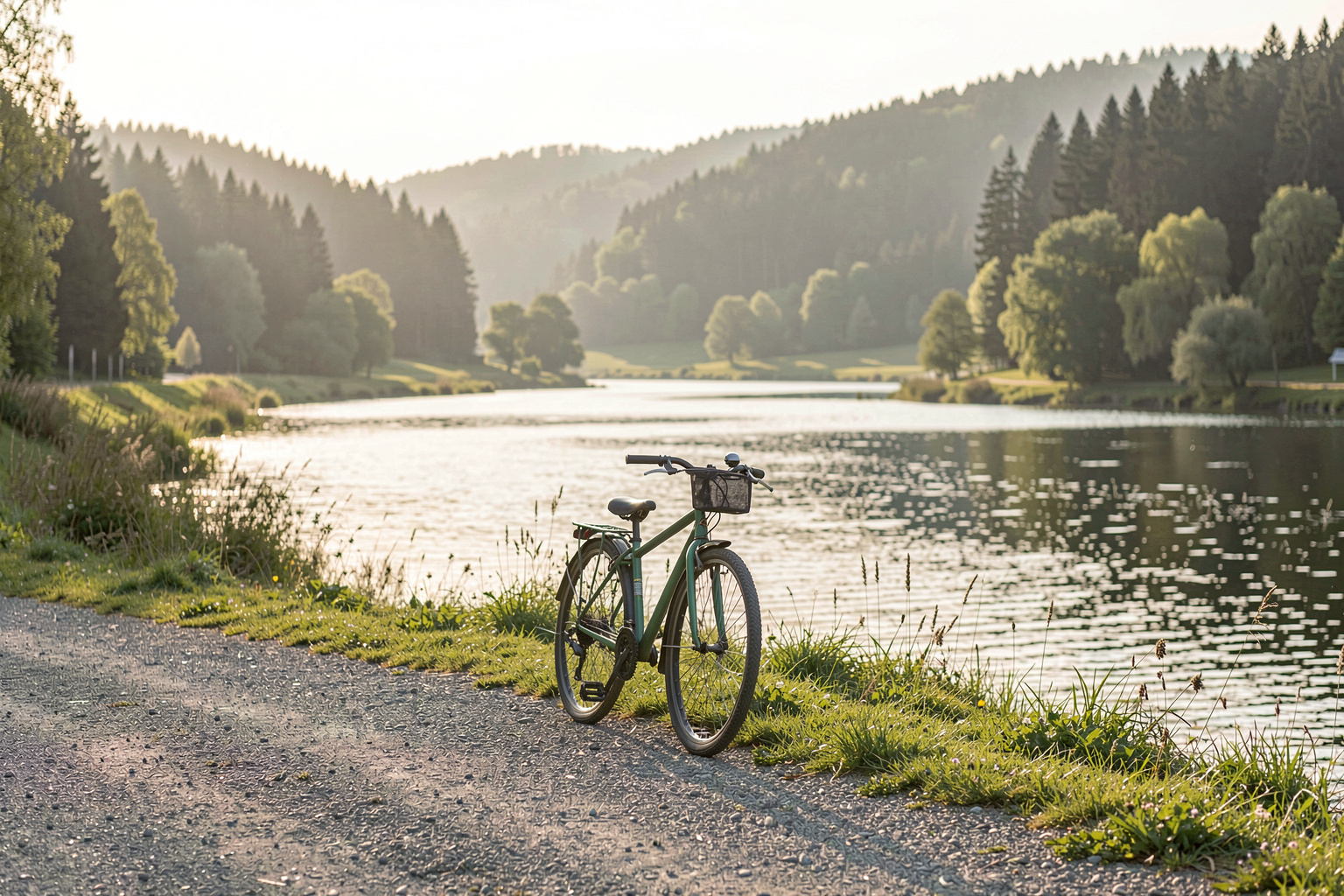 Blick vom Ufer der Fulda bei Eichenzell auf einen ruhigen Flussabschnitt, im Vordergrund ein Kiesweg mit einem Fahrrad, im Hintergrund bewaldete Hänge im weichen Vormittagslicht, weite Landschaftsaufnahme.