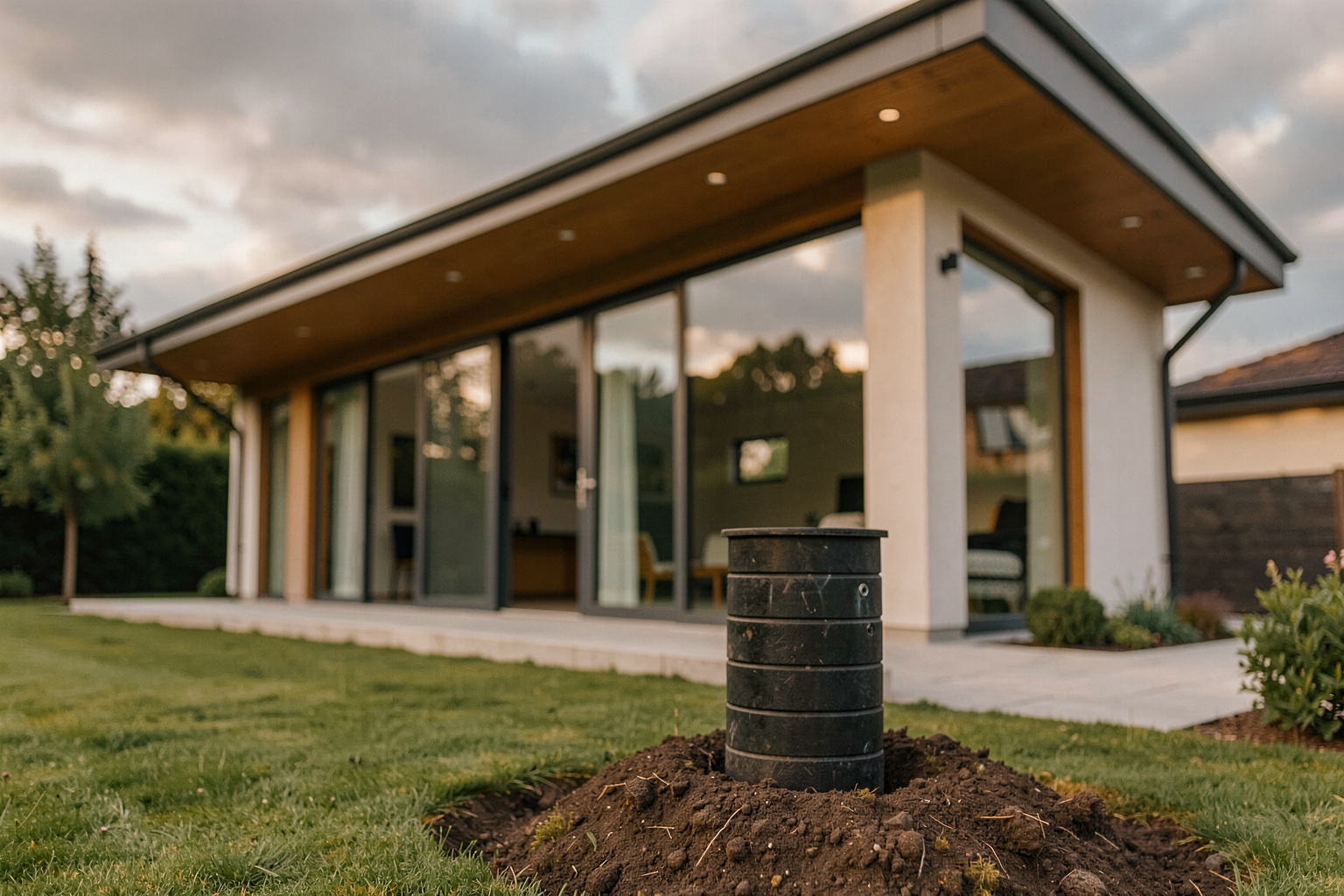 Ein modernes Einfamilienhaus mit großen Südfenstern und Dachüberstand, im Vordergrund ein Erdwärmetauscher-Schacht, weiches Nachmittagslicht, leichte Bewölkung, Weitwinkelaufnahme von der Gartenseite.