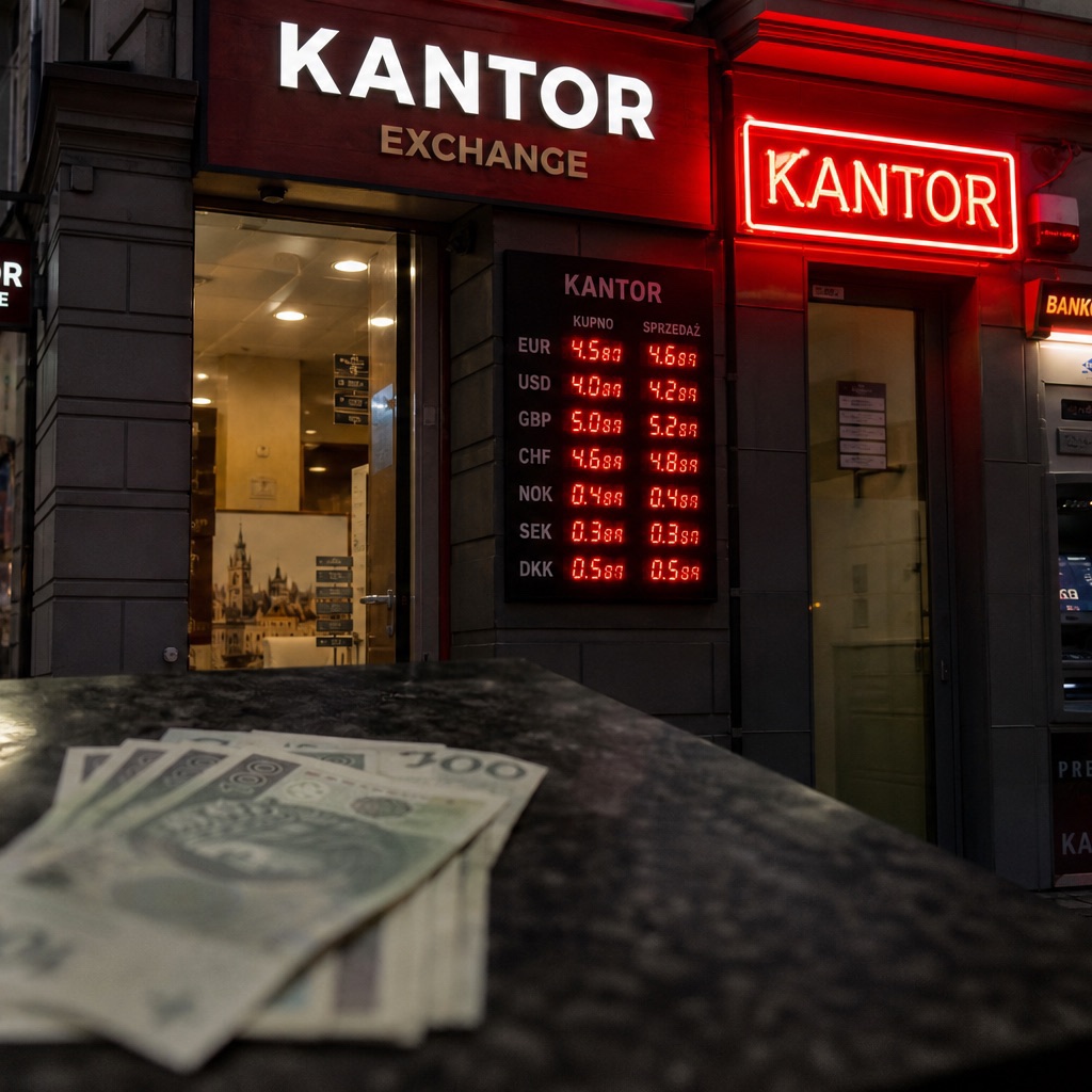 Person liest den Wechselkurs am Display eines Kantors in einer polnischen Innenstadt bei Abendlicht