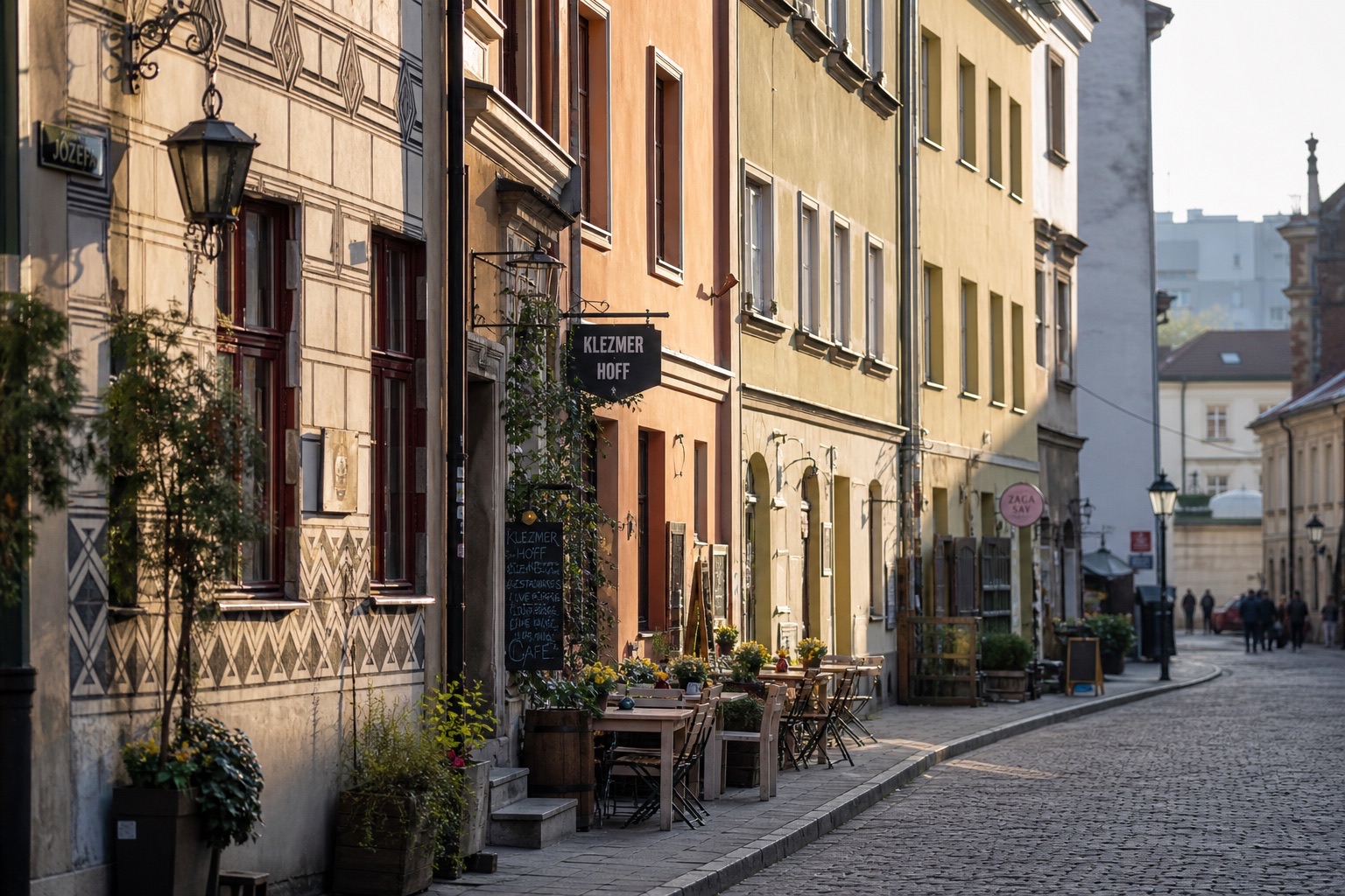 Gepflasterte Gasse mit farbigen, restaurierten Bürgerhäusern und Marktständen unter einem teilweise bewölkten Himmel