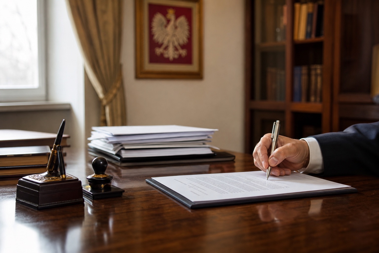 Eine Hand signiert mit einem Stift ein Dokument auf einem hölzernen Schreibtisch in warmem, sachlichem Licht