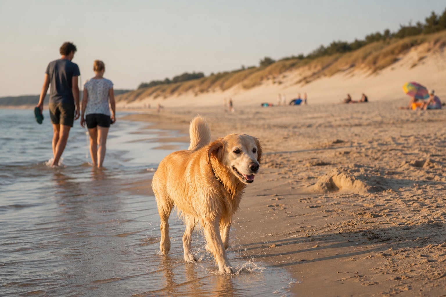 Breiter Sandstrand an der Ostsee an einem grauen Tag mit ruhiger See und grasbewachsenen Dünen im Hintergrund