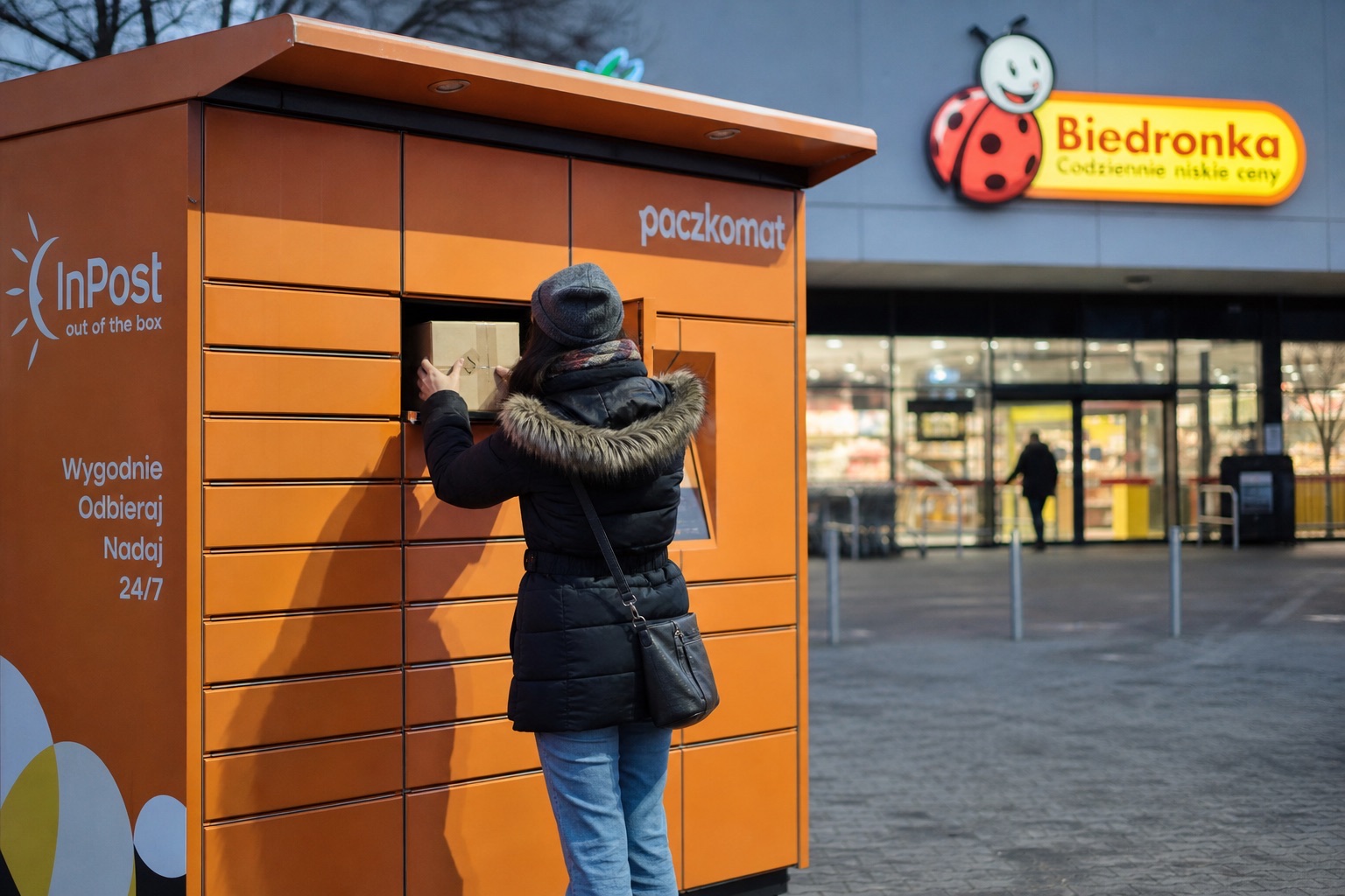 Orange Paketstation eines Paczkomats vor einem Supermarkt in der Abenddämmerung, während eine Person von hinten ein Paket einliefert