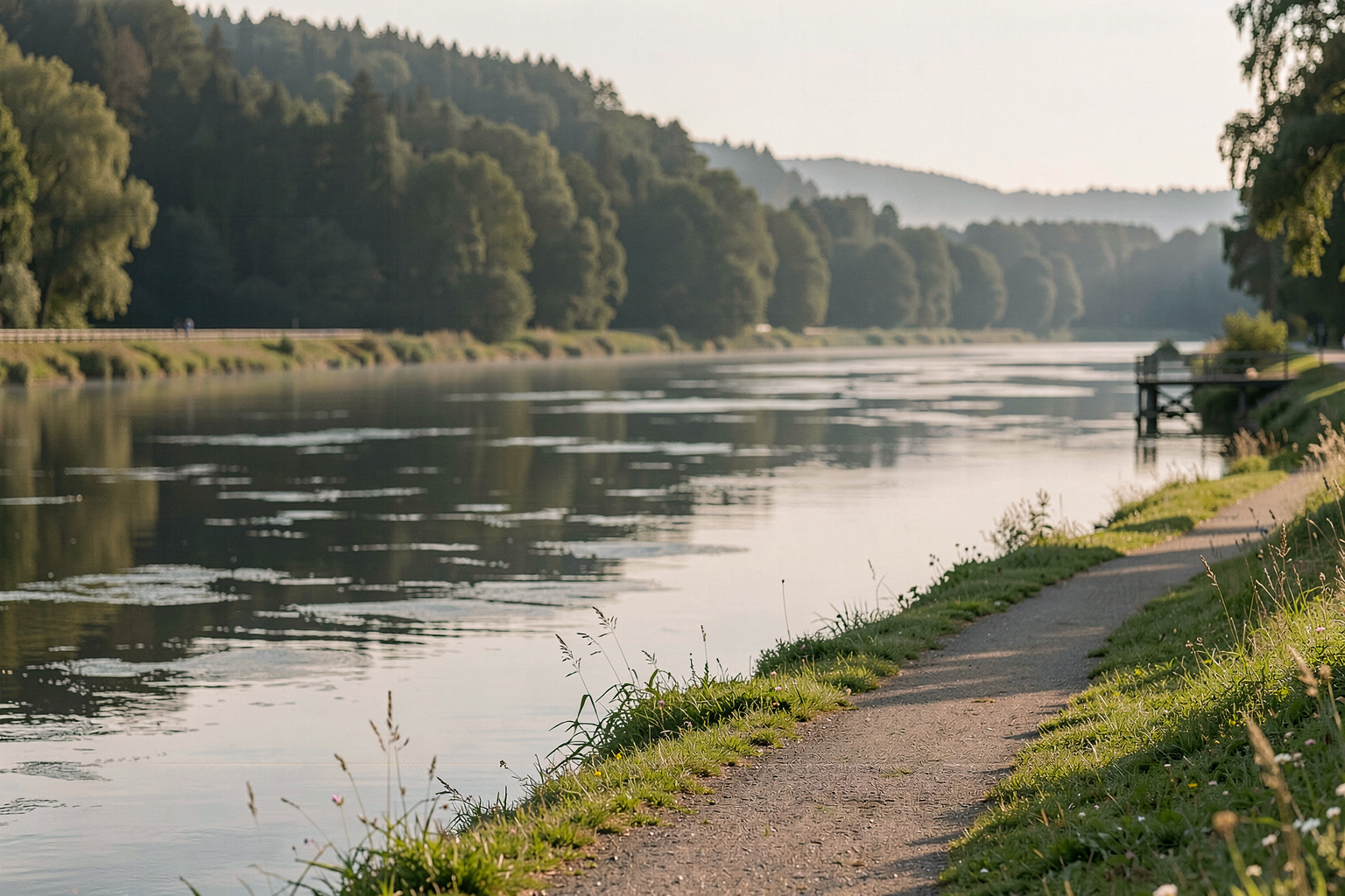 Ein ruhiger Uferweg an der Fulda bei Eichenzell am frühen Sonntagmorgen, flaches Wasser mit Spiegelung, bewaldete Hänge im Hintergrund, weiches Seitenlicht, weite Halbtotale aus Augenhöhe.
